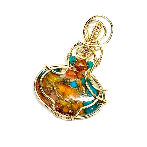 HANDMADE Spiny Oyster Turquoise  Hand Wrapped Gold Plate Statement Pendant - Picture 9 of 10